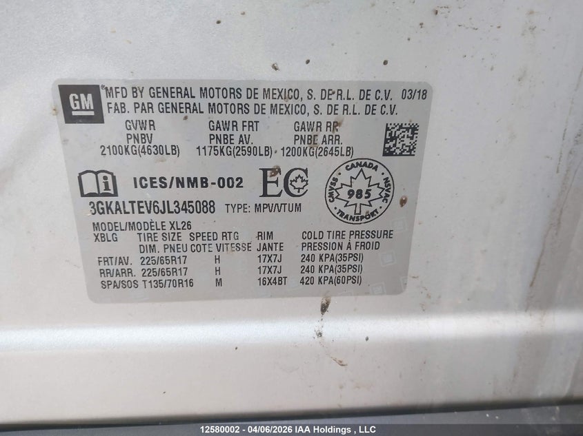 2018 GMC Terrain Sle VIN: 3GKALTEV6JL345088 Lot: 12580002