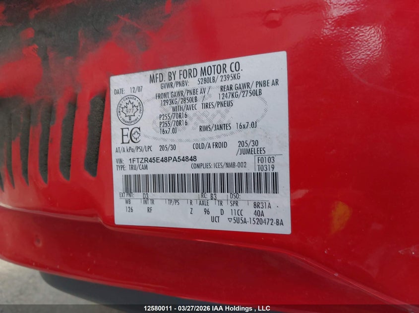 2008 Ford Ranger Fx4 Off-Road/Sport/Xl/Xlt VIN: 1FTZR45E48PA54848 Lot: 12580011