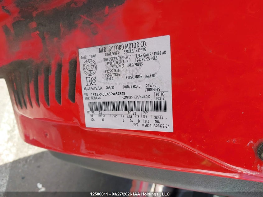 2008 Ford Ranger Fx4 Off-Road/Sport/Xl/Xlt VIN: 1FTZR45E48PA54848 Lot: 12580011