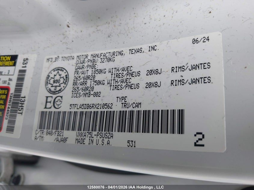 2024 Toyota Tundra VIN: 5TFLA5DB6RX210562 Lot: 12580076