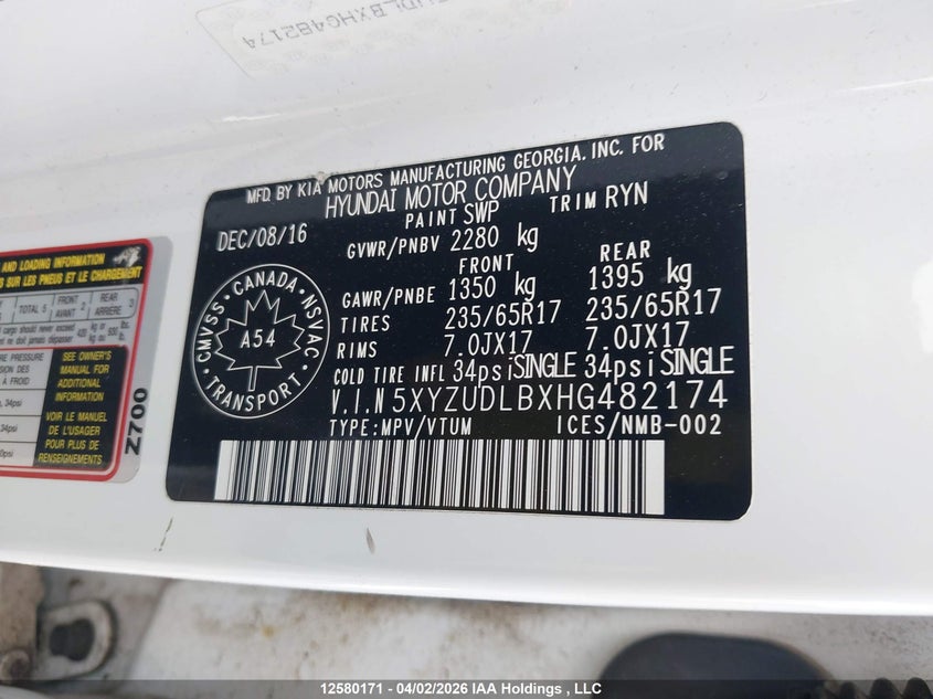 2017 Hyundai Santa Fe Sport 2.4 Se VIN: 5XYZUDLBXHG482174 Lot: 12580171