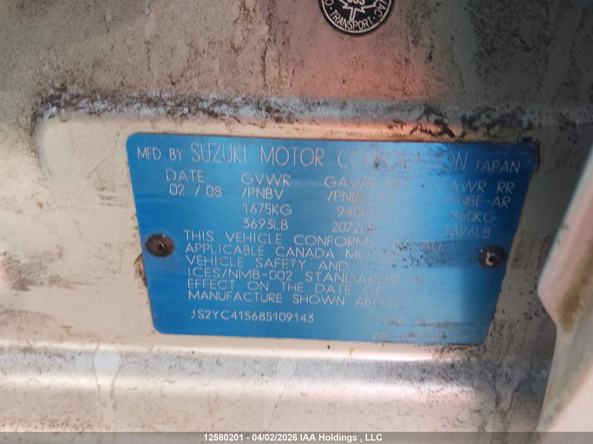 2008 Suzuki Sx4 Sport VIN: JS2YC415685109143 Lot: 12580201