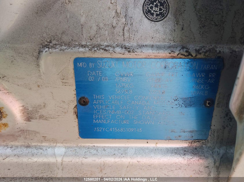 2008 Suzuki Sx4 Sport VIN: JS2YC415685109143 Lot: 12580201