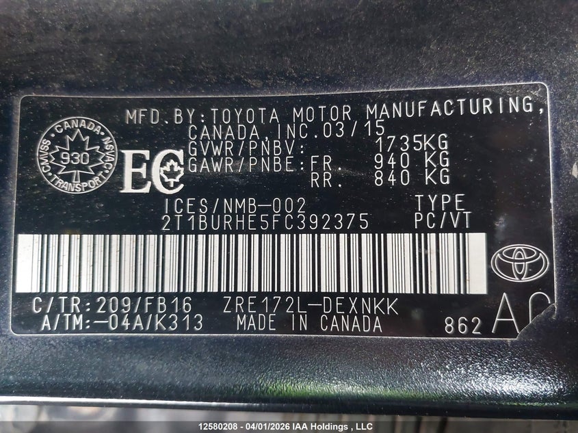 2015 Toyota Corolla VIN: 2T1BURHE5FC392375 Lot: 12580208