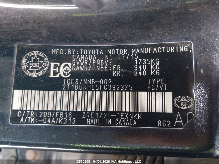 2015 Toyota Corolla VIN: 2T1BURHE5FC392375 Lot: 12580208