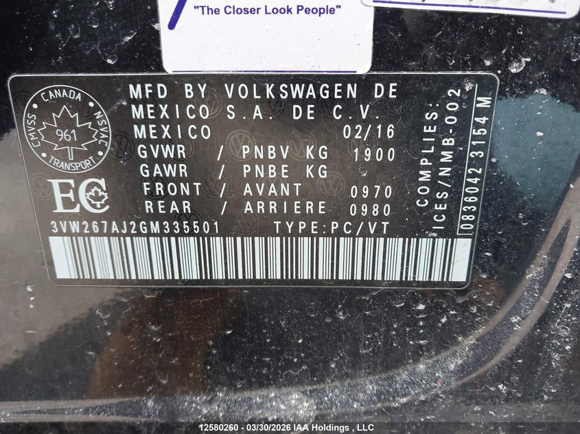 2016 Volkswagen Jetta S VIN: 3VW267AJ2GM335501 Lot: 12580260