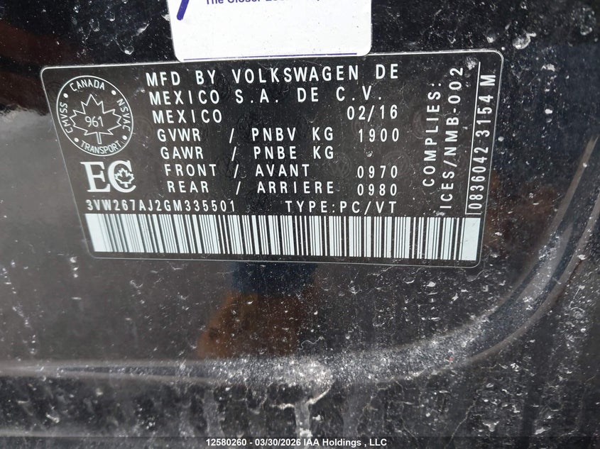 2016 Volkswagen Jetta S VIN: 3VW267AJ2GM335501 Lot: 12580260