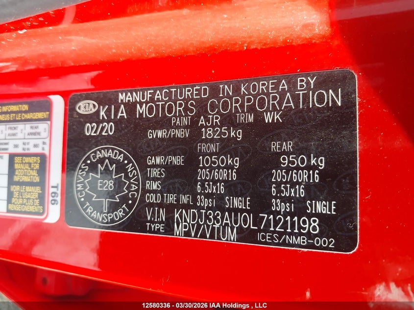 2020 Kia Soul Ex VIN: KNDJ33AU0L7121198 Lot: 12580336