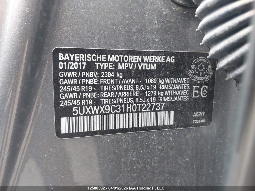 2017 BMW X3 xDrive28I VIN: 5UXWX9C31H0T22737 Lot: 12580392