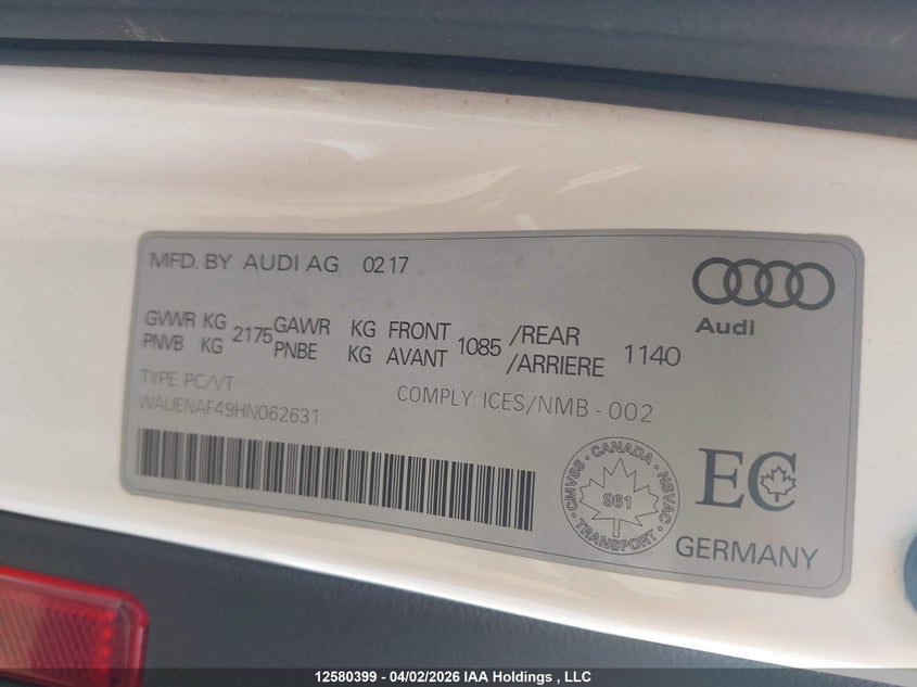 2017 Audi A4 VIN: WAUENAF49HN062631 Lot: 12580399