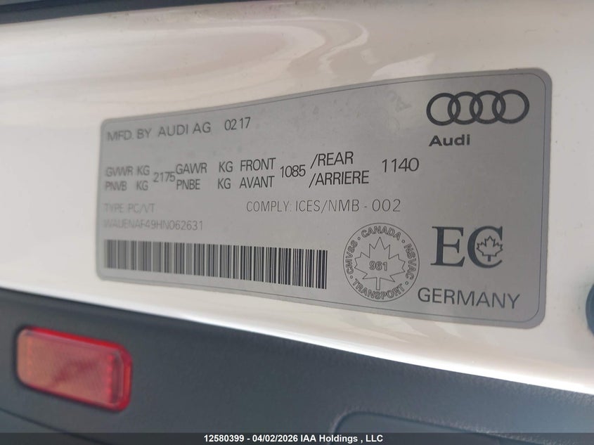 2017 Audi A4 VIN: WAUENAF49HN062631 Lot: 12580399