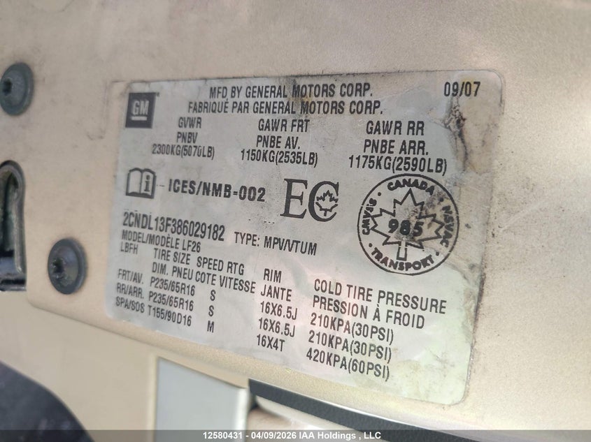 2008 Chevrolet Equinox Ls VIN: 2CNDL13F386029182 Lot: 12580431