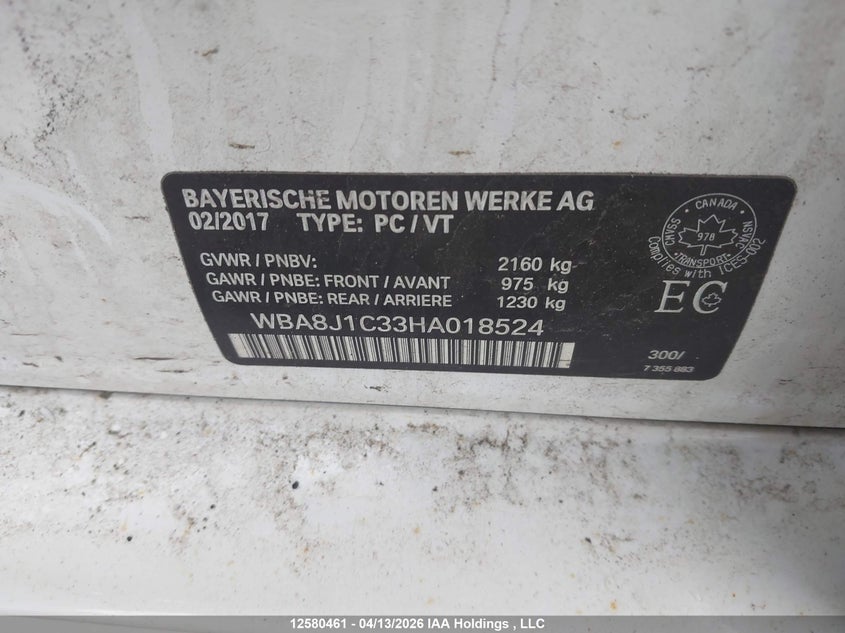 2017 BMW 328 D xDrive VIN: WBA8J1C33HA018524 Lot: 12580461