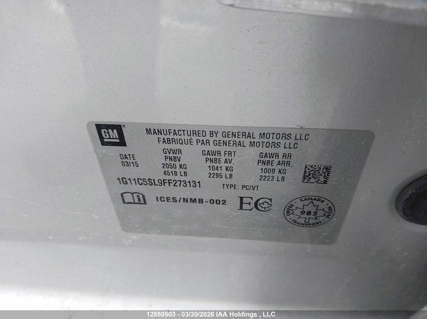 2015 Chevrolet Malibu 1Lt VIN: 1G11C5SL9FF273131 Lot: 12580503