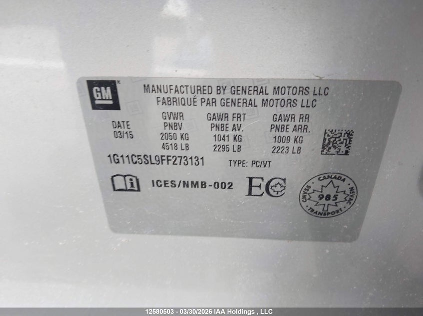2015 Chevrolet Malibu 1Lt VIN: 1G11C5SL9FF273131 Lot: 12580503