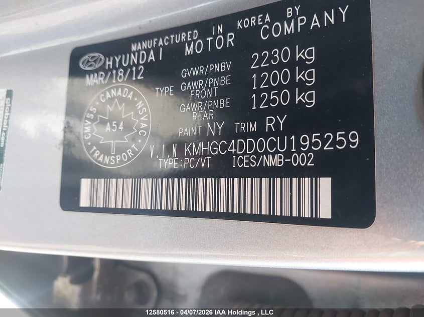 2012 Hyundai Genesis 3.8 Technology VIN: KMHGC4DD0CU195259 Lot: 12580516