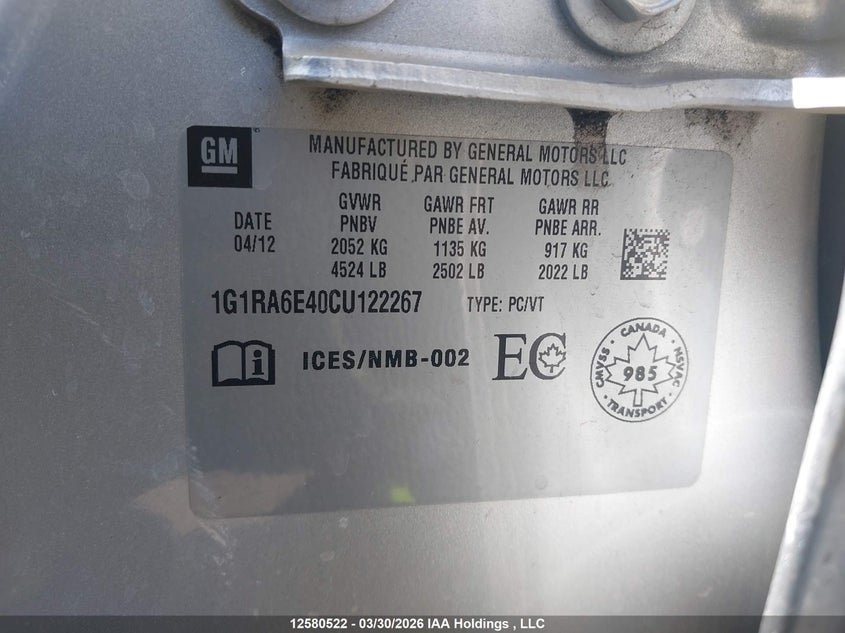 2012 Chevrolet Volt VIN: 1G1RA6E40CU122267 Lot: 12580522