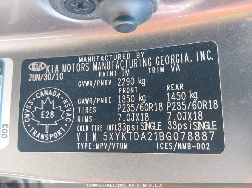2011 Kia Sorento Lx V6 VIN: 5XYKTDA21BG078887 Lot: 12580538