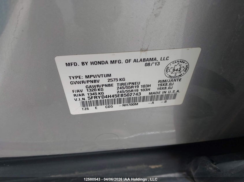 2014 Acura Mdx Technology VIN: 5FRYD4H45EB502743 Lot: 12580543
