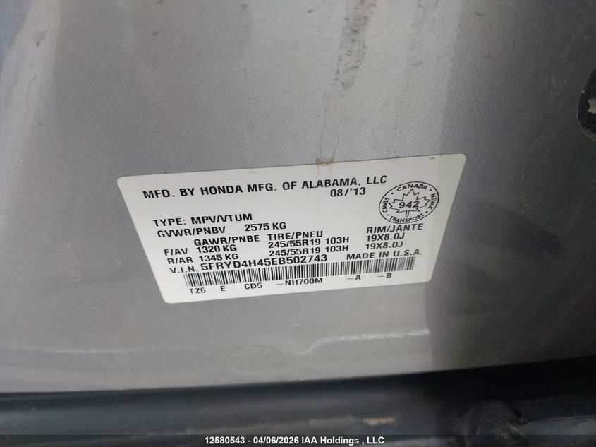 2014 Acura Mdx Technology VIN: 5FRYD4H45EB502743 Lot: 12580543