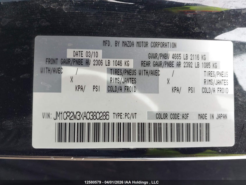 2010 Mazda 5 VIN: JM1CR2W3XA0380286 Lot: 12580579