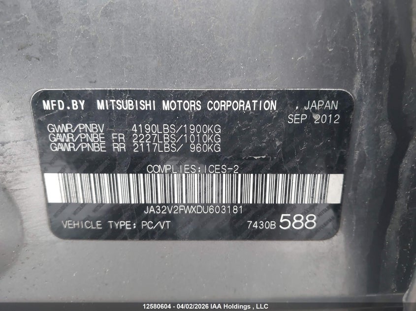 2013 Mitsubishi Lancer VIN: JA32V2FWXDU603181 Lot: 12580604