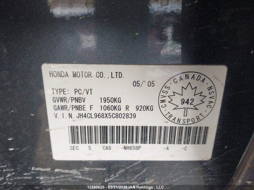 2005 Acura Tsx VIN: JH4CL968X5C802839 Lot: 12580620