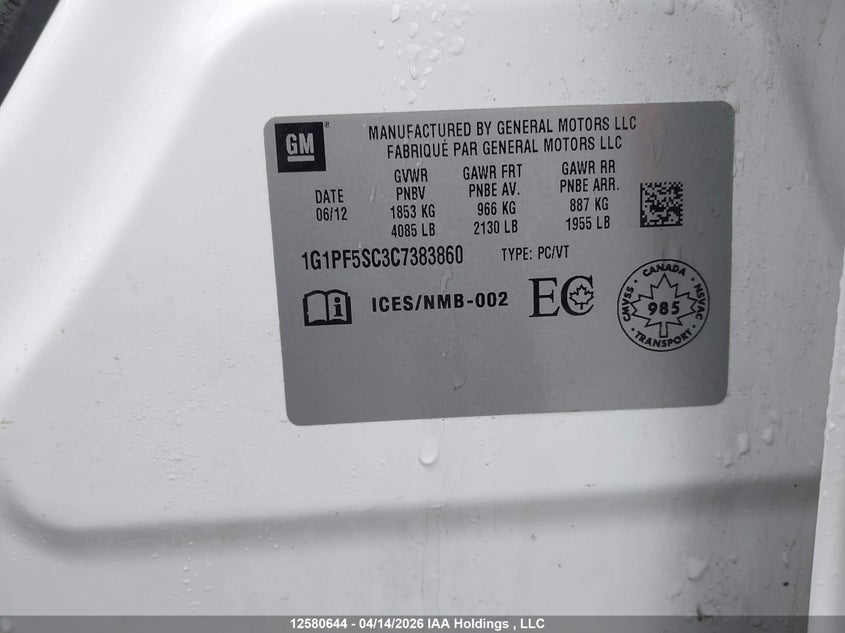 2012 Chevrolet Cruze Lt Turbo VIN: 1G1PF5SC3C7383860 Lot: 12580644