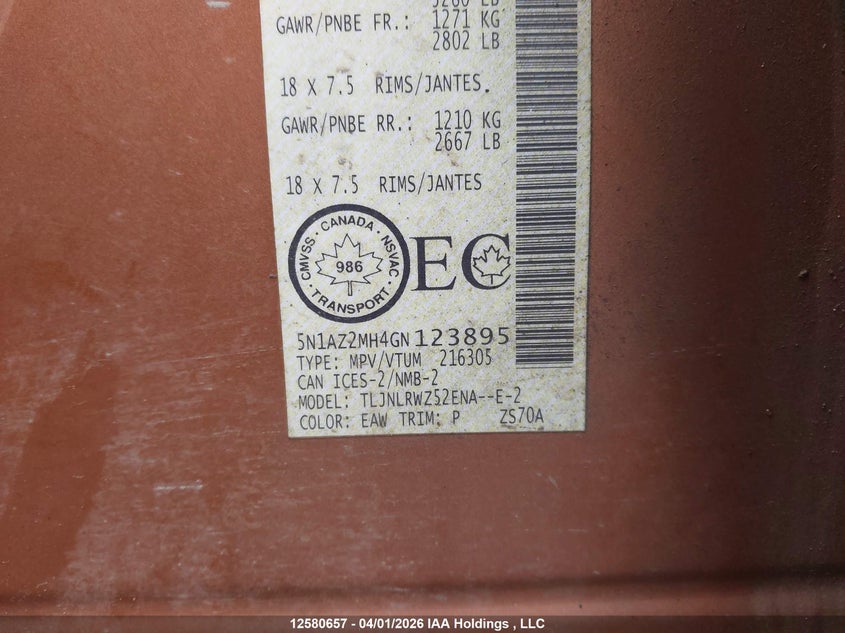 2016 Nissan Murano S/Sl/Sv/Platinum VIN: 5N1AZ2MH4GN123895 Lot: 12580657