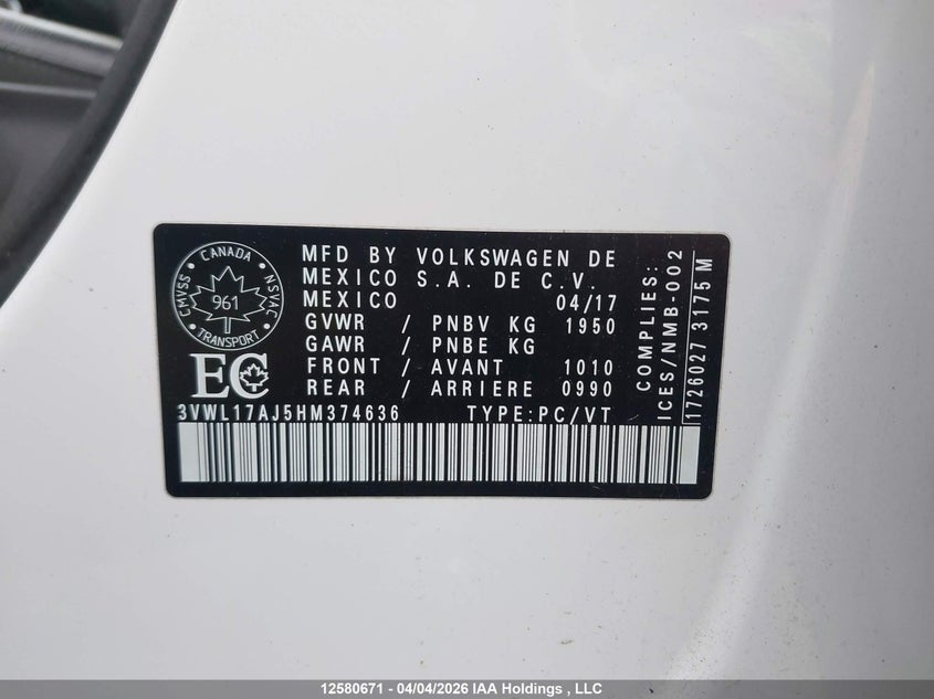 2017 Volkswagen Jetta 1.8 Tsi Highline VIN: 3VWL17AJ5HM374636 Lot: 12580671