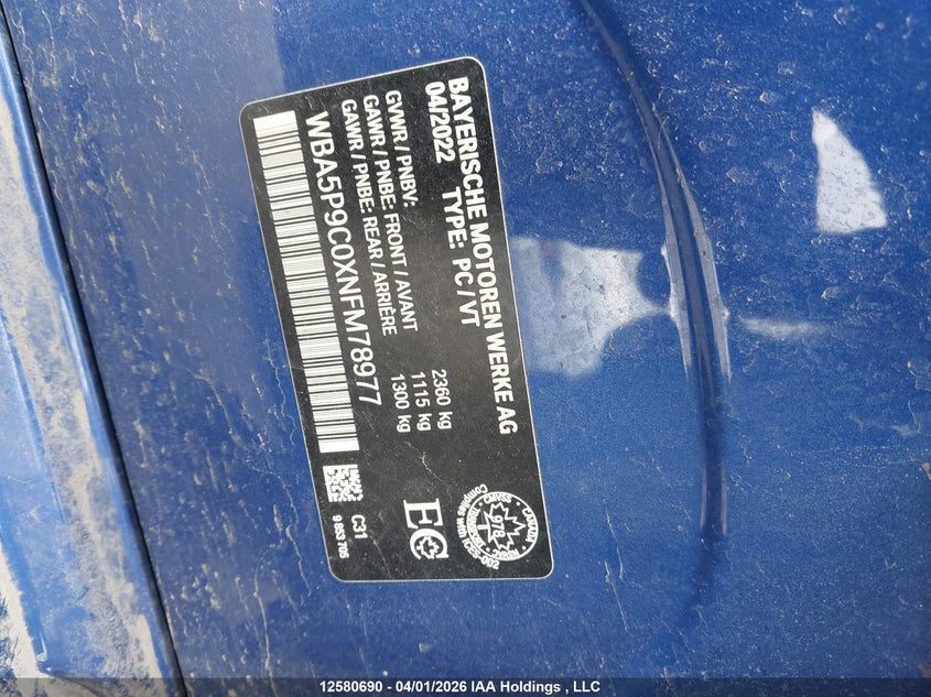 2022 BMW 330E xDrive VIN: WBA5P9C0XNFM78977 Lot: 12580690