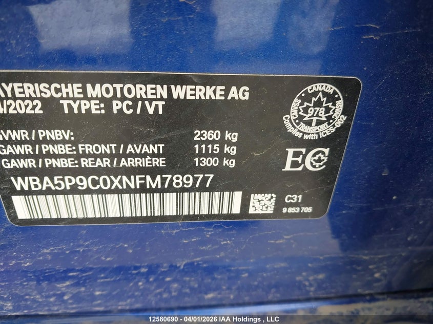 2022 BMW 330E xDrive VIN: WBA5P9C0XNFM78977 Lot: 12580690