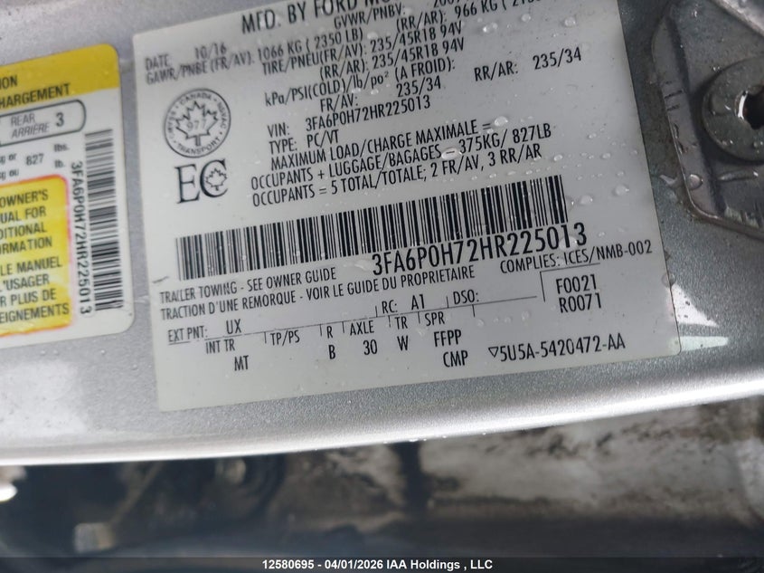 2017 FORD FUSION SEDAN 2.5L I-4 DOHC, VVT, 175HP