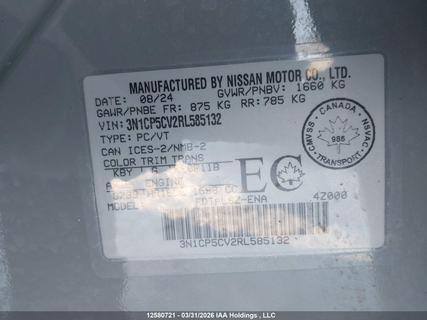 2024 Nissan Kicks Sv VIN: 3N1CP5CV2RL585132 Lot: 12580721