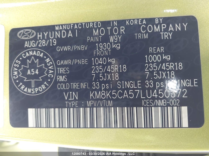 2020 Hyundai Kona VIN: KM8K5CA57LU450372 Lot: 12580743