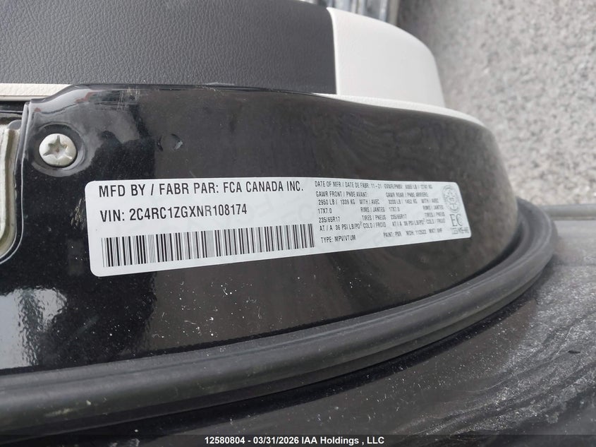 2022 Chrysler Grand Caravan Sxt VIN: 2C4RC1ZGXNR108174 Lot: 12580804