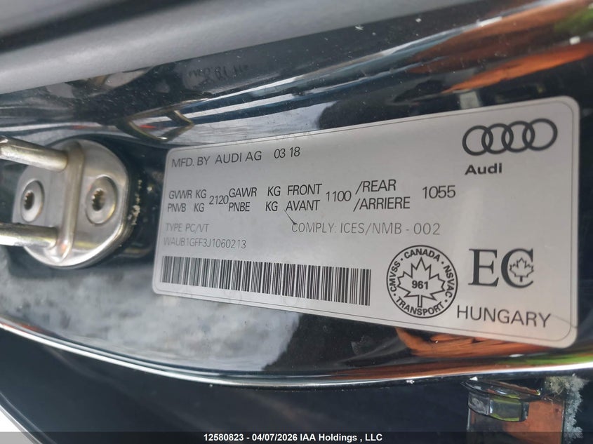 2018 Audi S3 2.0T Progressiv VIN: WAUB1GFF3J1060213 Lot: 12580823