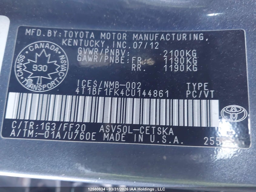 2012 Toyota Camry Se/Le/Xle VIN: 4T1BF1FK4CU144861 Lot: 12580834