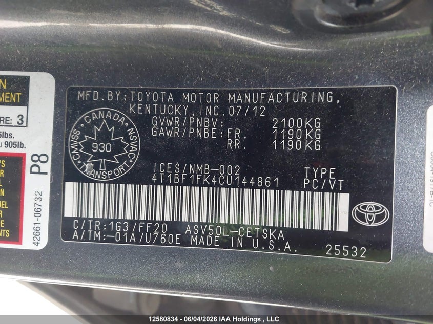 2012 Toyota Camry Se/Le/Xle VIN: 4T1BF1FK4CU144861 Lot: 12580834