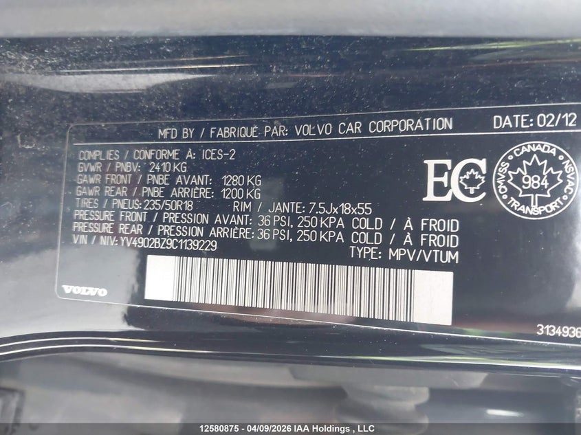 2012 Volvo Xc70 T6/T6 Platinum/T6 Premier Plus VIN: YV4902BZ9C1139229 Lot: 12580875