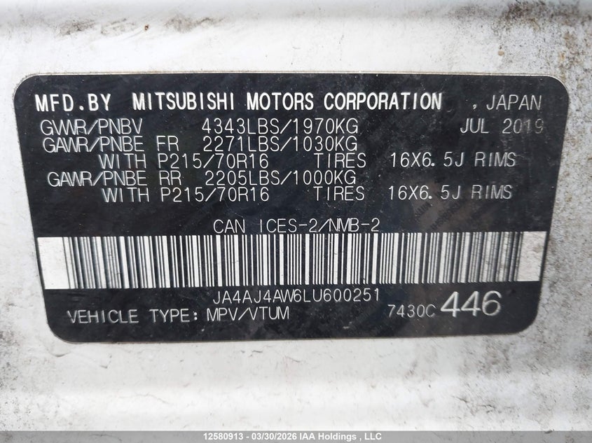 2020 Mitsubishi Rvr Gt/Limited Edition/Se/Sel VIN: JA4AJ4AW6LU600251 Lot: 12580913