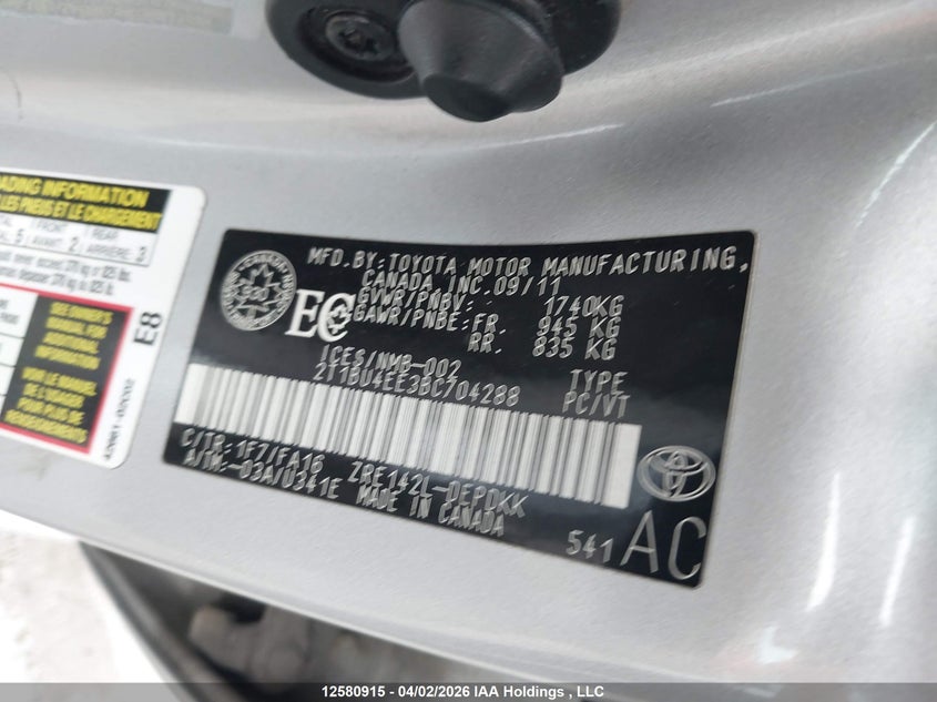 2011 Toyota Corolla S/Le VIN: 2T1BU4EE3BC704288 Lot: 12580915