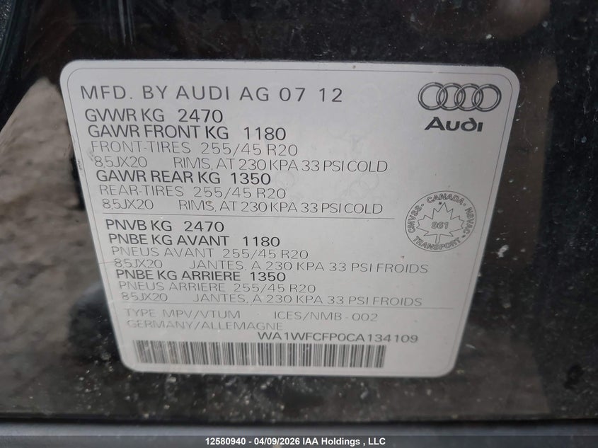 2012 Audi Q5 2.0T Premium Plus VIN: WA1WFCFP0CA134109 Lot: 12580940