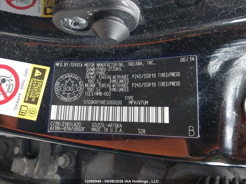 2014 Toyota Highlander Limited VIN: 5TDDKRFH8ES060030 Lot: 12580949