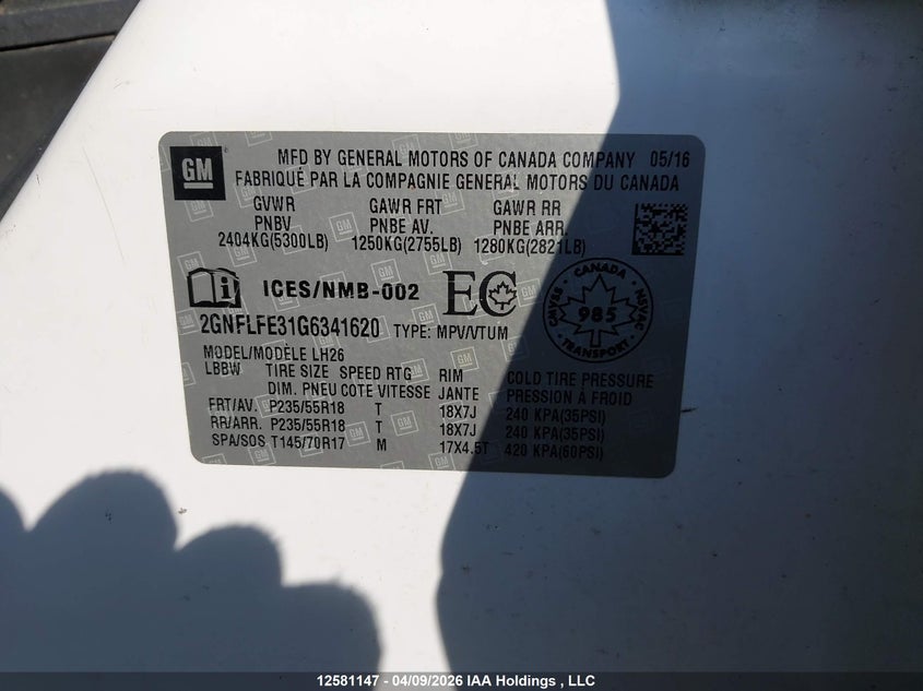 2016 Chevrolet Equinox Lt VIN: 2GNFLFE31G6341620 Lot: 12581147