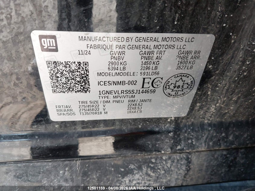 2025 Chevrolet Traverse Rs VIN: 1GNEVLRS5SJ144659 Lot: 12581159