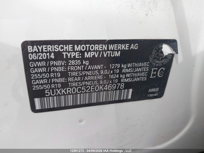 2014 BMW X5 xDrive35I VIN: 5UXKR0C52E0K46978 Lot: 12581272