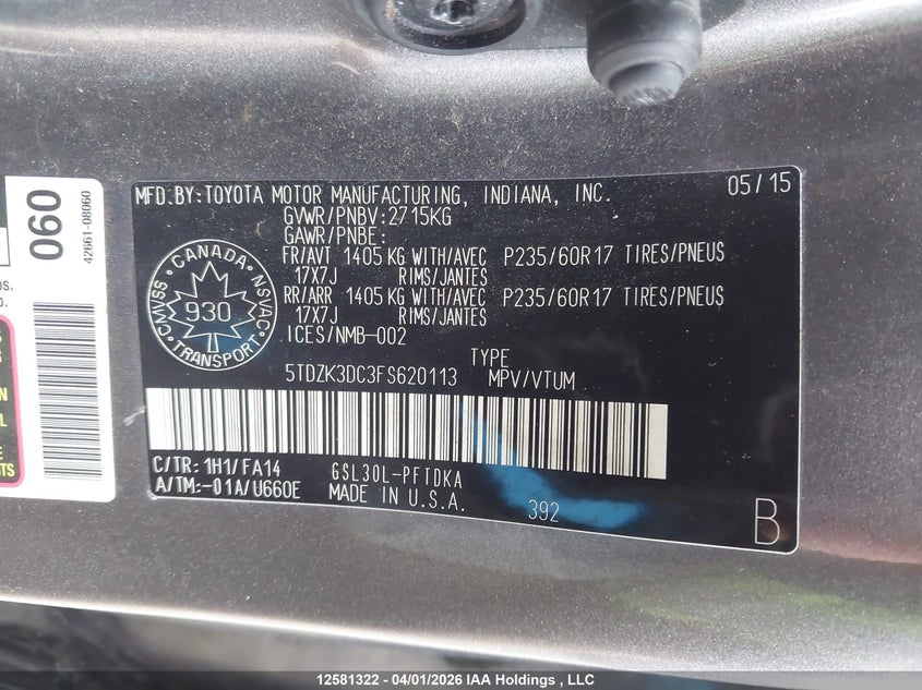 2015 Toyota Sienna VIN: 5TDZK3DC3FS620113 Lot: 12581322