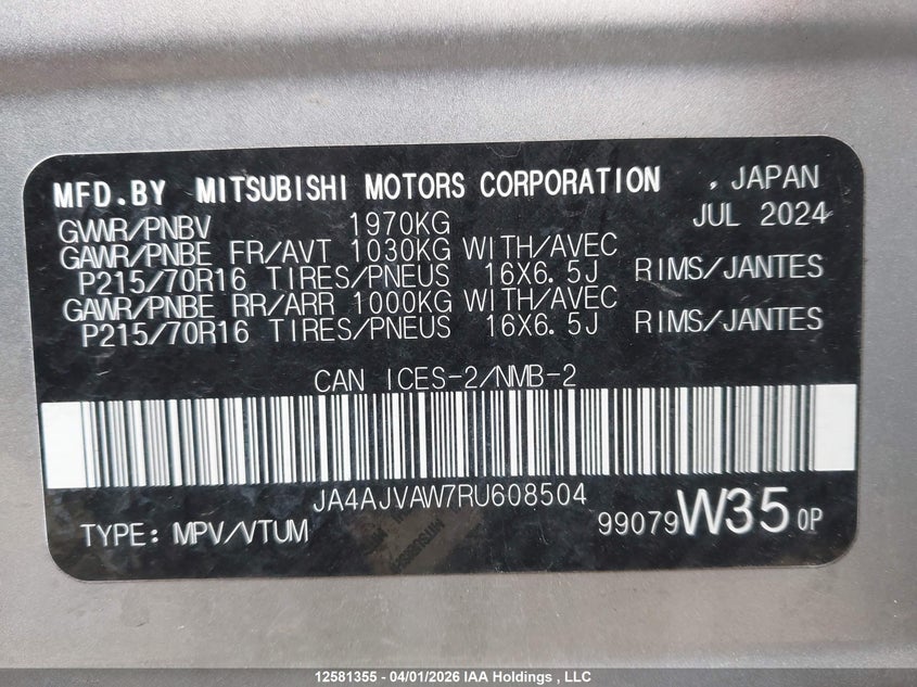 2024 Mitsubishi Rvr Gt/Noir/Se/Sel VIN: JA4AJVAW7RU608504 Lot: 12581355
