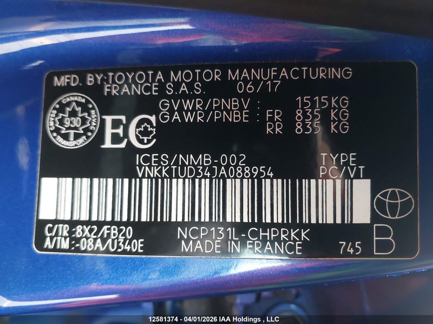 2018 Toyota Yaris VIN: VNKKTUD34JA088954 Lot: 12581374